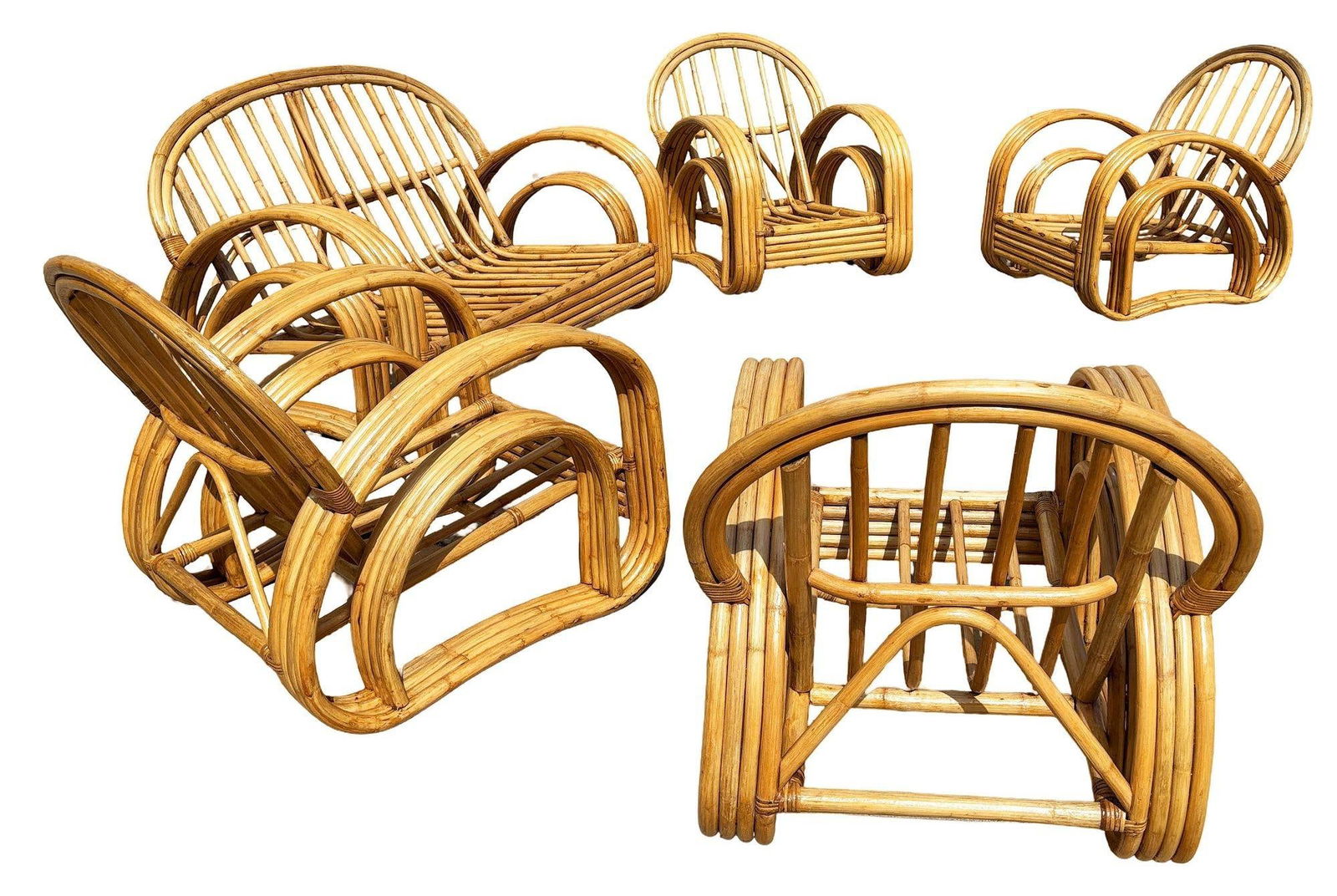 Restored 4-Strand Double Arch Speed Arms Rattan Sofa & Chairs Livingroom Set - 12