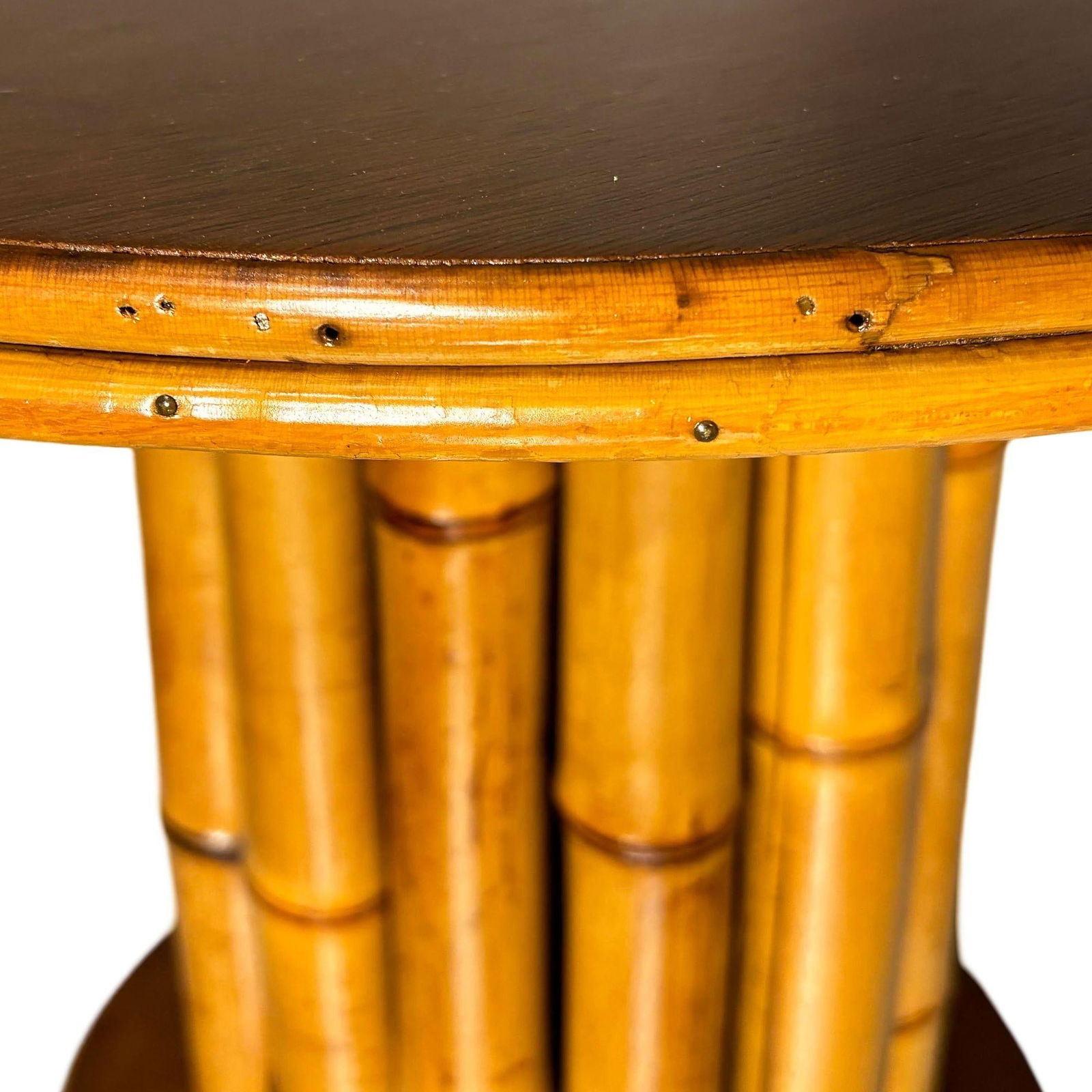 Restored Rattan & Mahogany Round Pedestal Side Table - 4