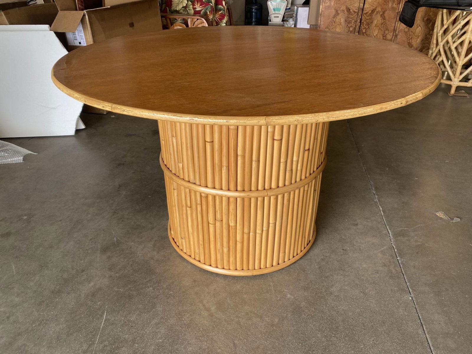 Restored Round Stacked Rattan Pedestal Dining Table Mahogany Top - 16