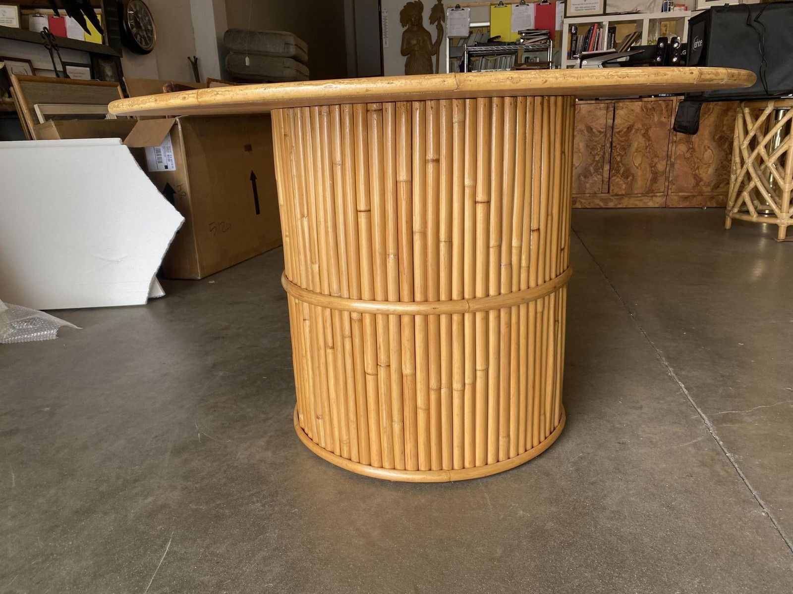 Restored Round Stacked Rattan Pedestal Dining Table Mahogany Top - 3