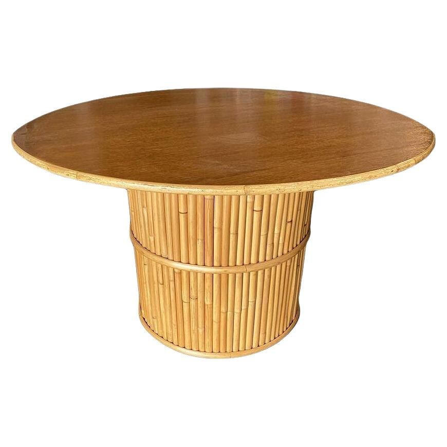 Restored Round Stacked Rattan Pedestal Dining Table Mahogany Top - 7