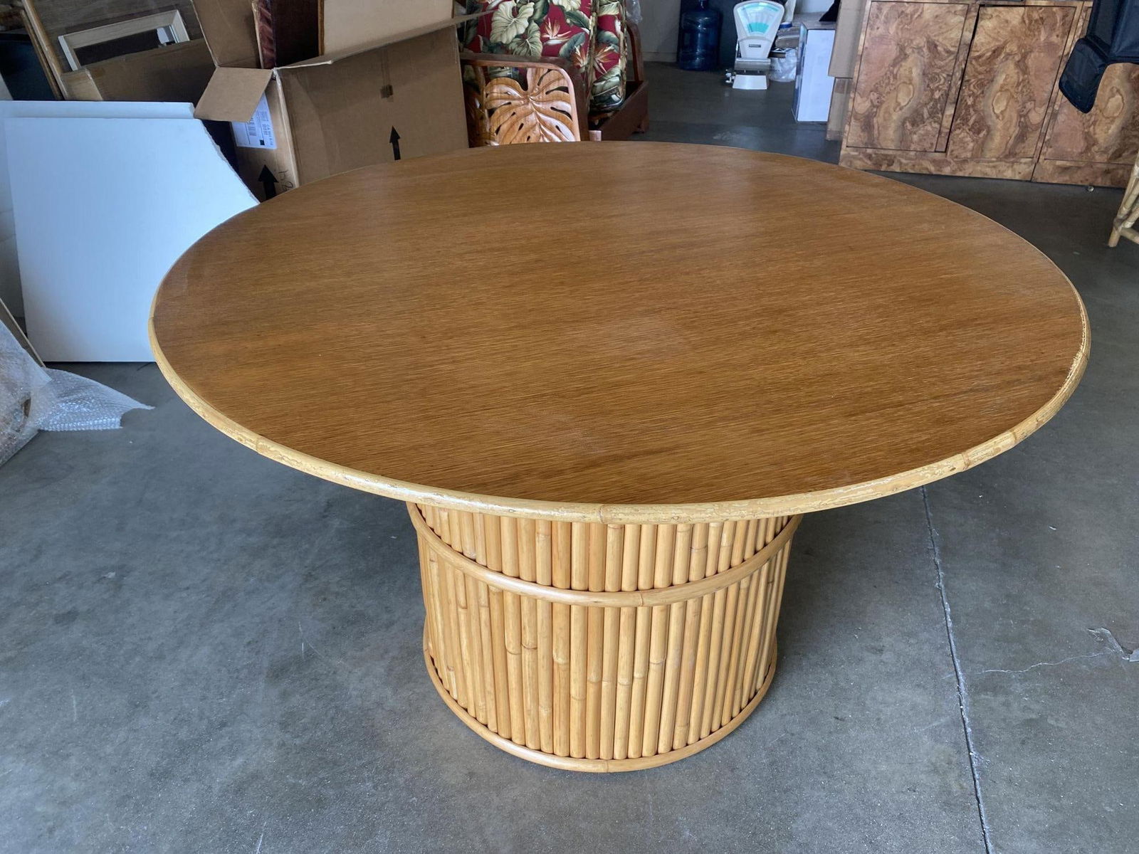Restored Round Stacked Rattan Pedestal Dining Table Mahogany Top - 9