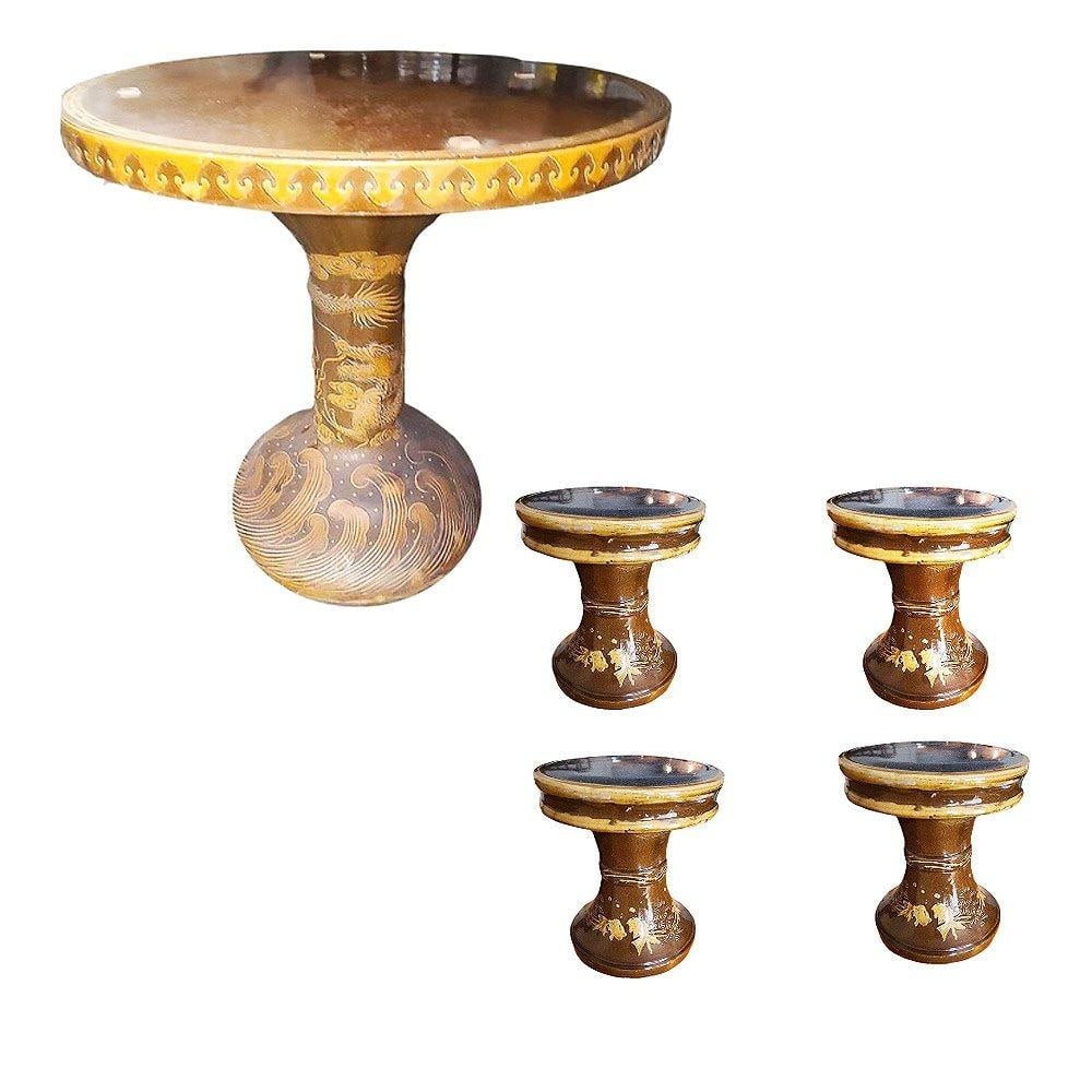 Chinese Dragon Ceramic Glazed Pedestal Table W/ 4 Ceramic Garden Stools - 8