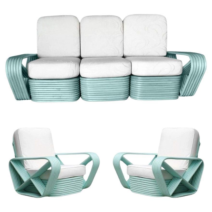 Restored Teal 6-Strand Square Pretzel Rattan Sofa & Lounge Chair Livingroom Se (1 of 19)