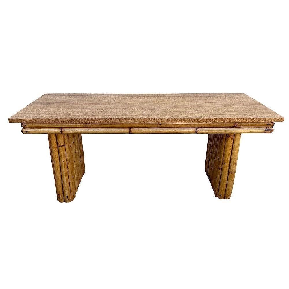 Restored Large 40" Rattan & Mahogany Coffee Table w/ Vertically Stacked Legs - 3