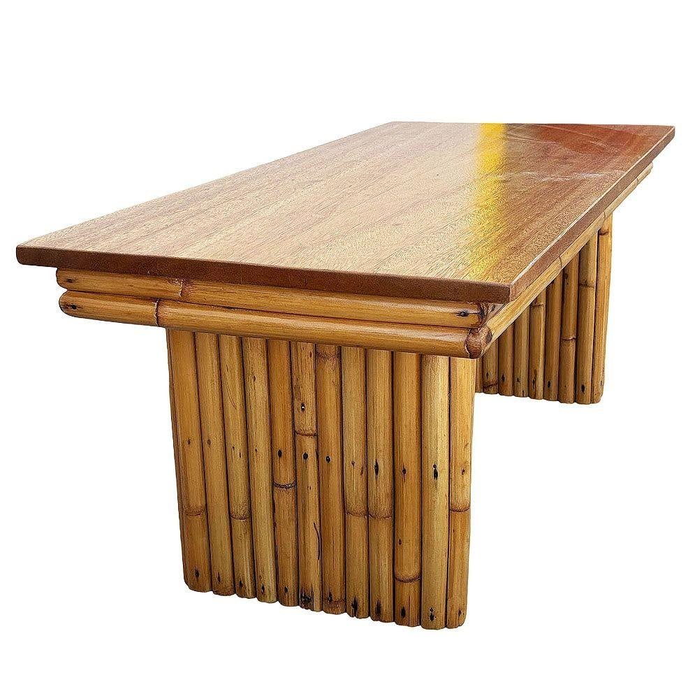 Restored Large 40" Rattan & Mahogany Coffee Table w/ Vertically Stacked Legs - 4