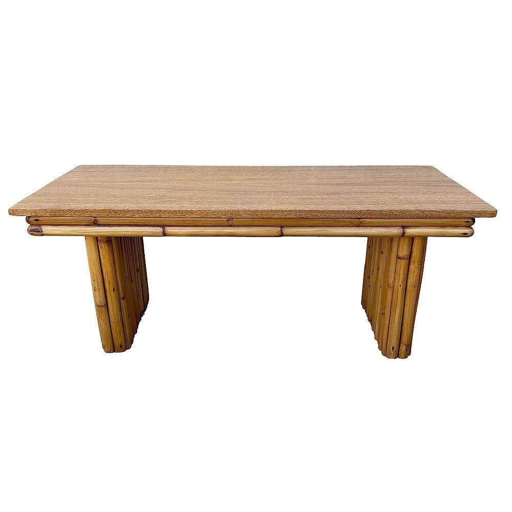 Restored Large 40" Rattan & Mahogany Coffee Table w/ Vertically Stacked Legs - 5