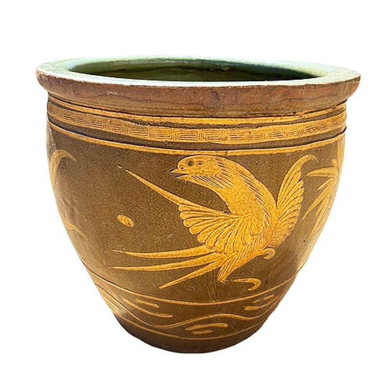 19th Century Large Bird & Bamboo Art Pottery Chinese Egg Pot Jardinière Planter - 16