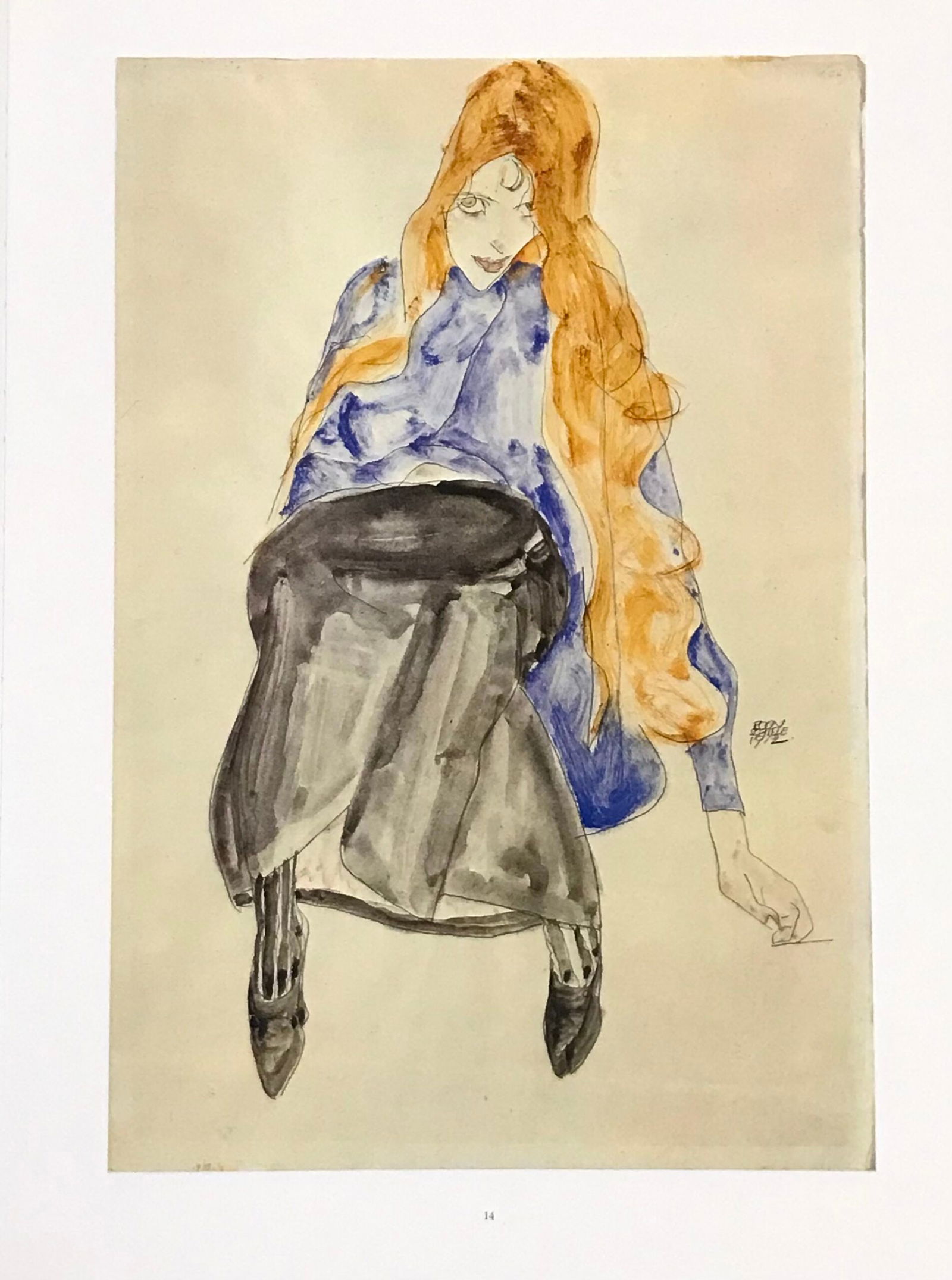 1981 Egon Schiele 14 Erotic Drawing Seated girl with blond hair: Title: 1981 Egon Schiele 14 Erotic Drawing Seated girl with blond hair Artist: Egon Schiele, Egon Schiele Erotic Drawings Size: 1 Description: Artist: Egon Schiele Country: Austria Title: Seated girl
