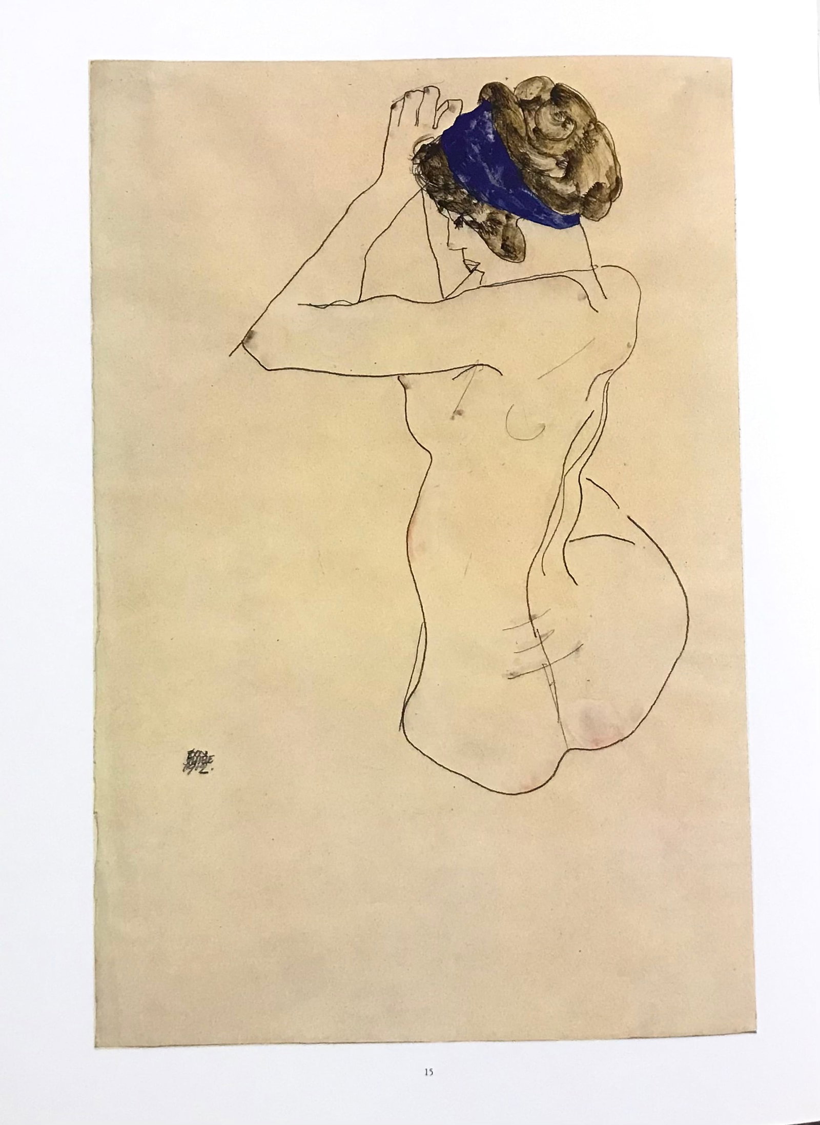 1981 Egon Schiele 15 Erotic Seated Figure with blue hair band: Title: 1981 Egon Schiele 15 Erotic Seated Figure with blue hair band Artist: Egon Schiele, Egon Schiele Erotic Drawings Size: 1 Description: Artist: Egon Schiele Country: Austria Title: Seated Figure