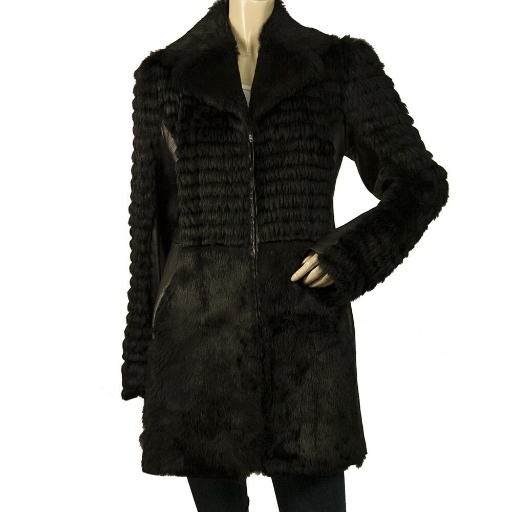 Thes & Thes Black Fur & Leather Long Sleeve Zipper Front Jacket Coat (1 of 6)