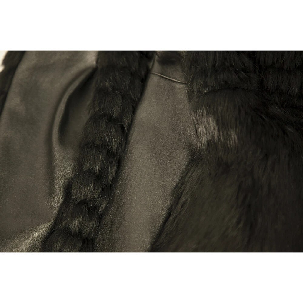 Thes & Thes Black Fur & Leather Long Sleeve Zipper Front Jacket Coat - 4