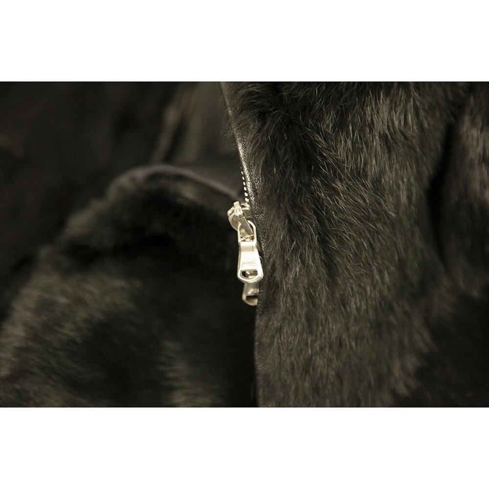 Thes & Thes Black Fur & Leather Long Sleeve Zipper Front Jacket Coat - 5