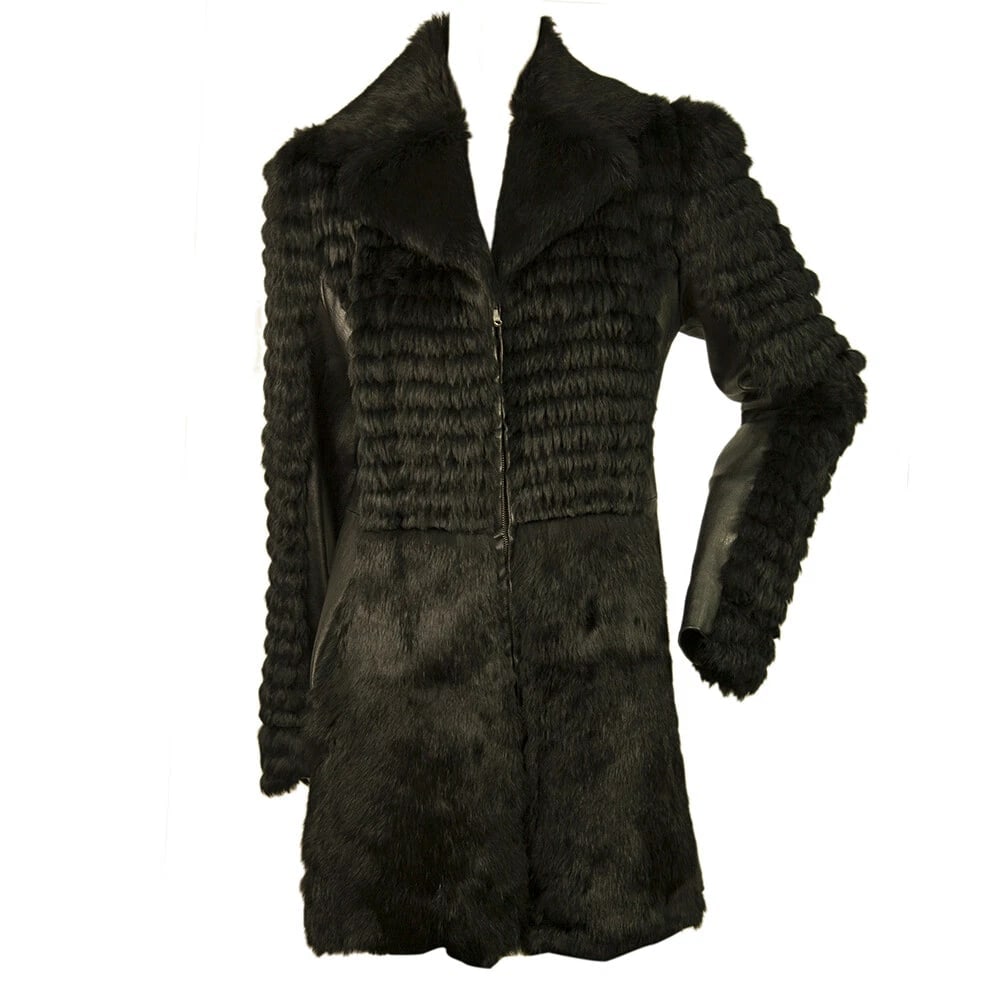 Thes & Thes Black Fur & Leather Long Sleeve Zipper Front Jacket Coat - 6