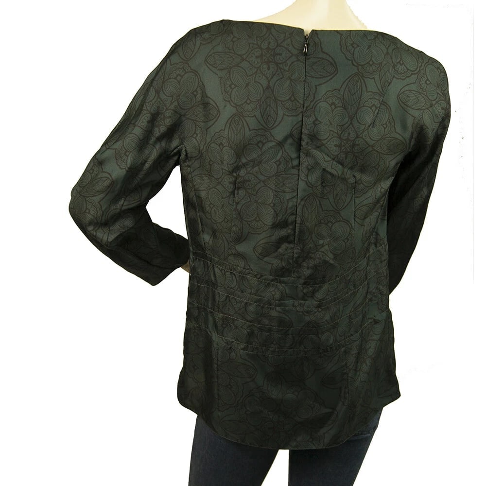 Marni Dark Teal Pleated Jacquard Floral Long Sleeves Tunic Blouse Top - 2