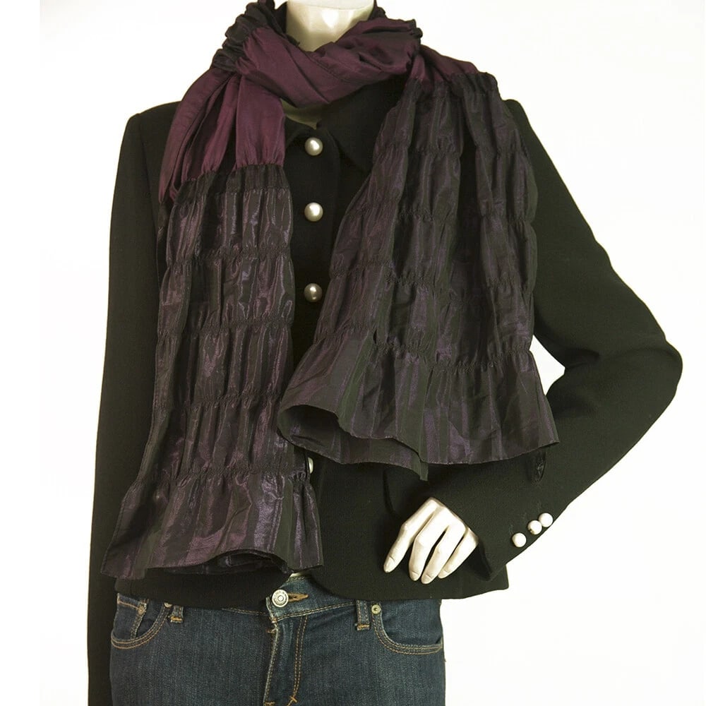 Black Purple Polyester Rectangular Ruched Fabric Long Scarf Shawl - 3