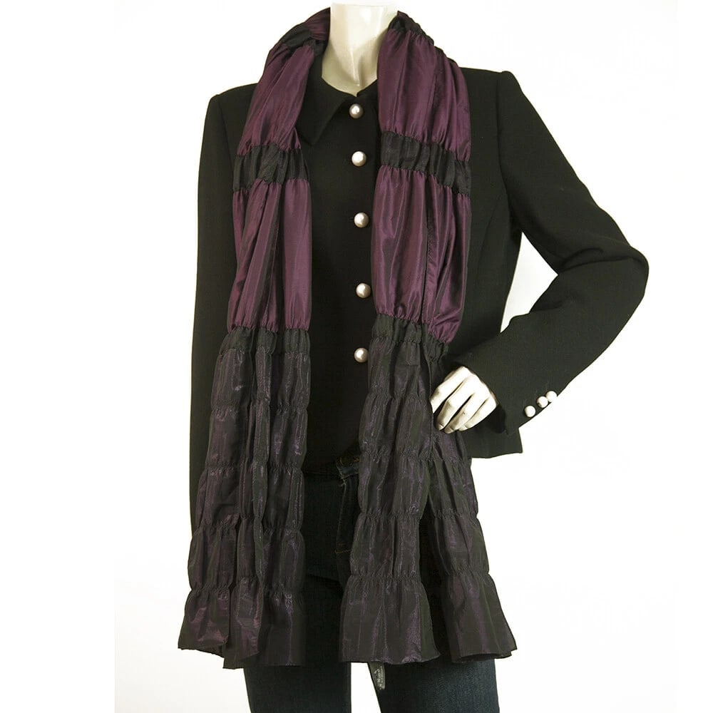 Black Purple Polyester Rectangular Ruched Fabric Long Scarf Shawl - 4