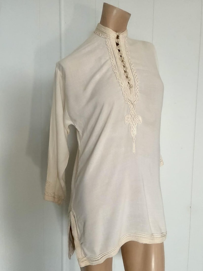 Vintage 1970s White Cotton Moroccan Blouse Sz S - 4