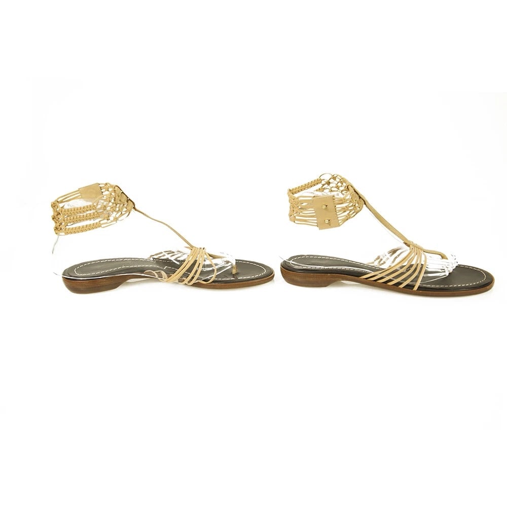 Roberto Cavalli Beige Leather Thin Straps Thong Flats Ankle Sandals Shoes sz 40 - 5