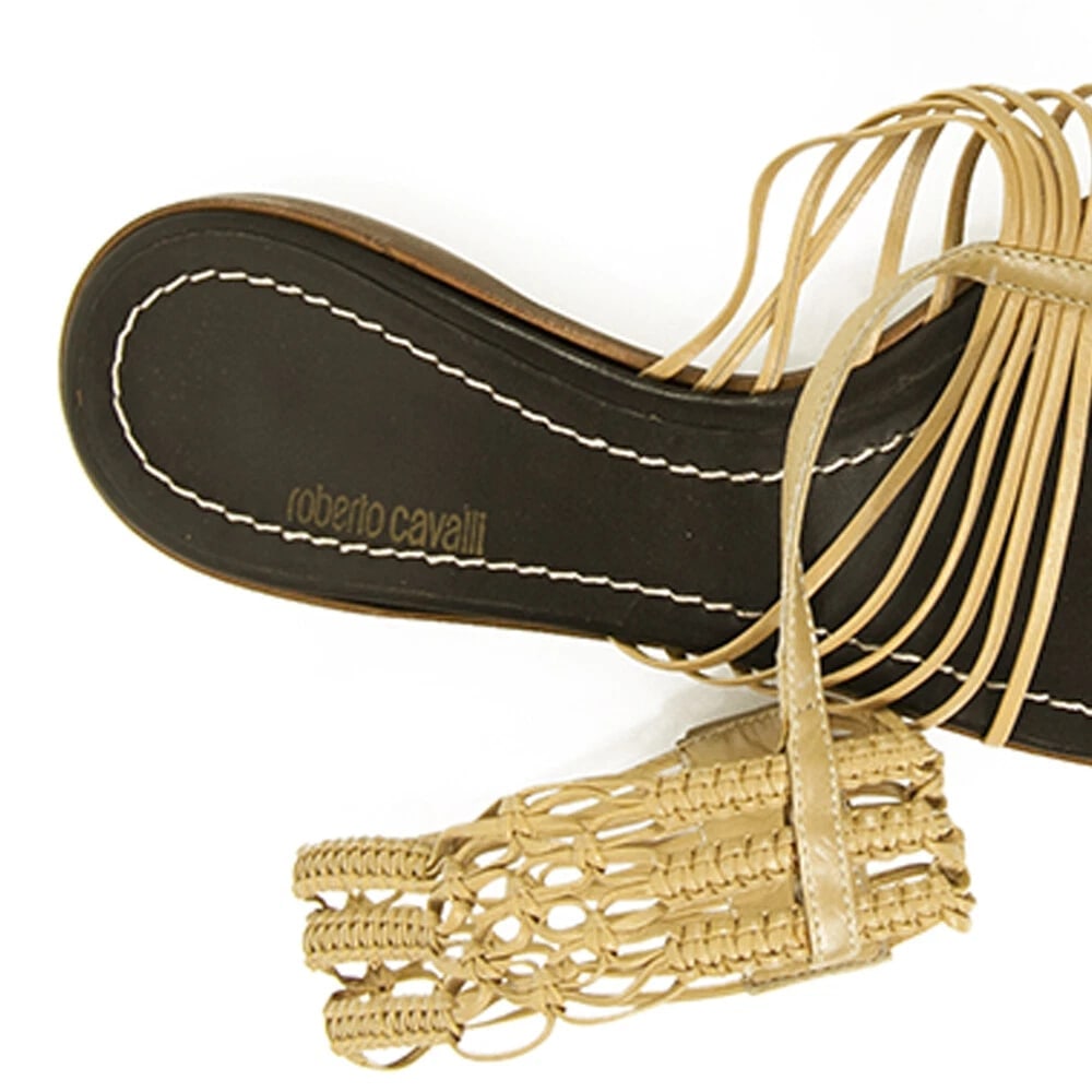 Roberto Cavalli Beige Leather Thin Straps Thong Flats Ankle Sandals Shoes sz 40 - 9