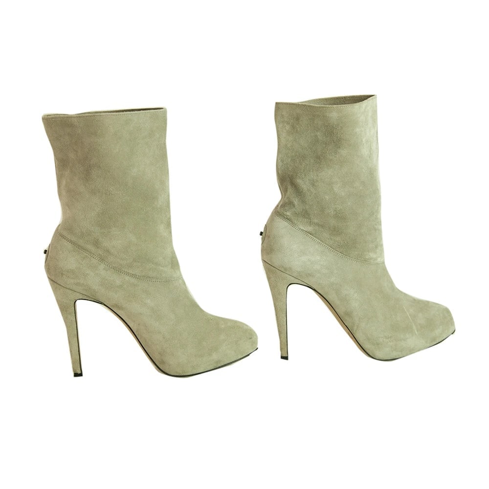 Brian Atwood Gray Suede Leather Pull On Calf Booties Boots Heels Shoes size 37 - 8
