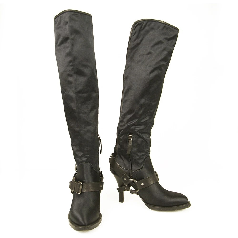 Ermanno Scervino Blue Satin Black Leather Over The Knee Boots Heels Shoes sz 39 (1 of 8)