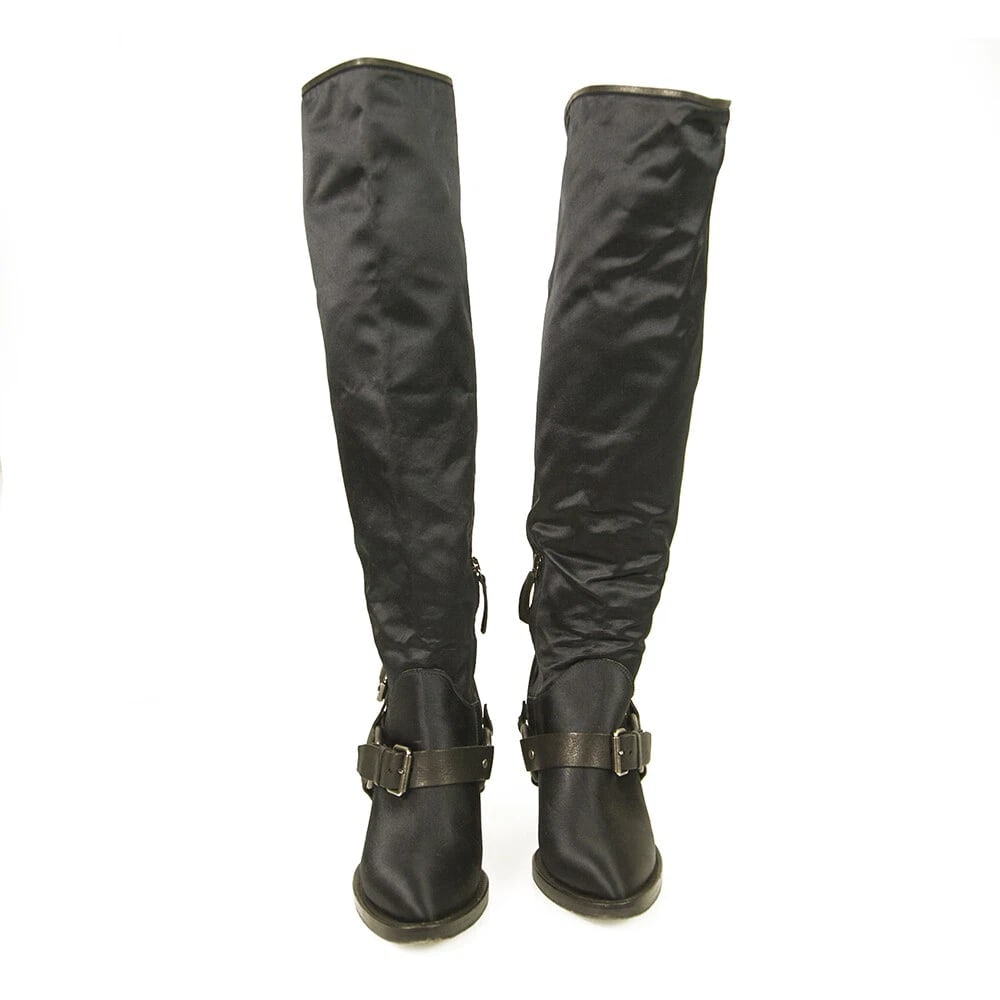 Ermanno Scervino Blue Satin Black Leather Over The Knee Boots Heels Shoes sz 39 - 2