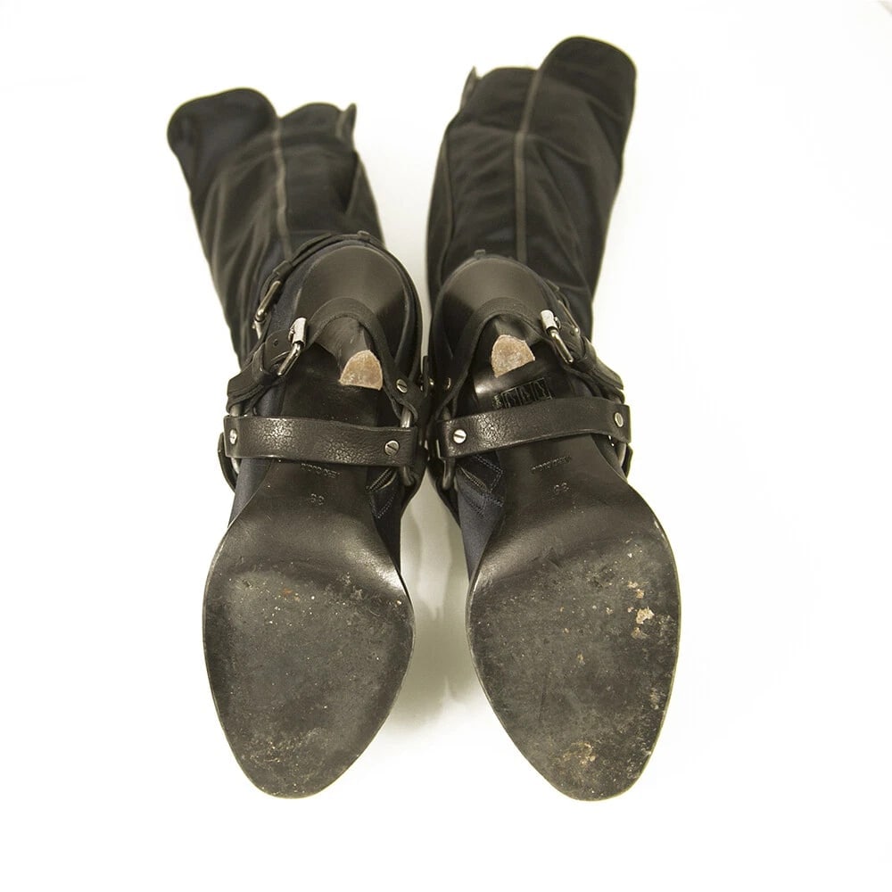Ermanno Scervino Blue Satin Black Leather Over The Knee Boots Heels Shoes sz 39 - 6