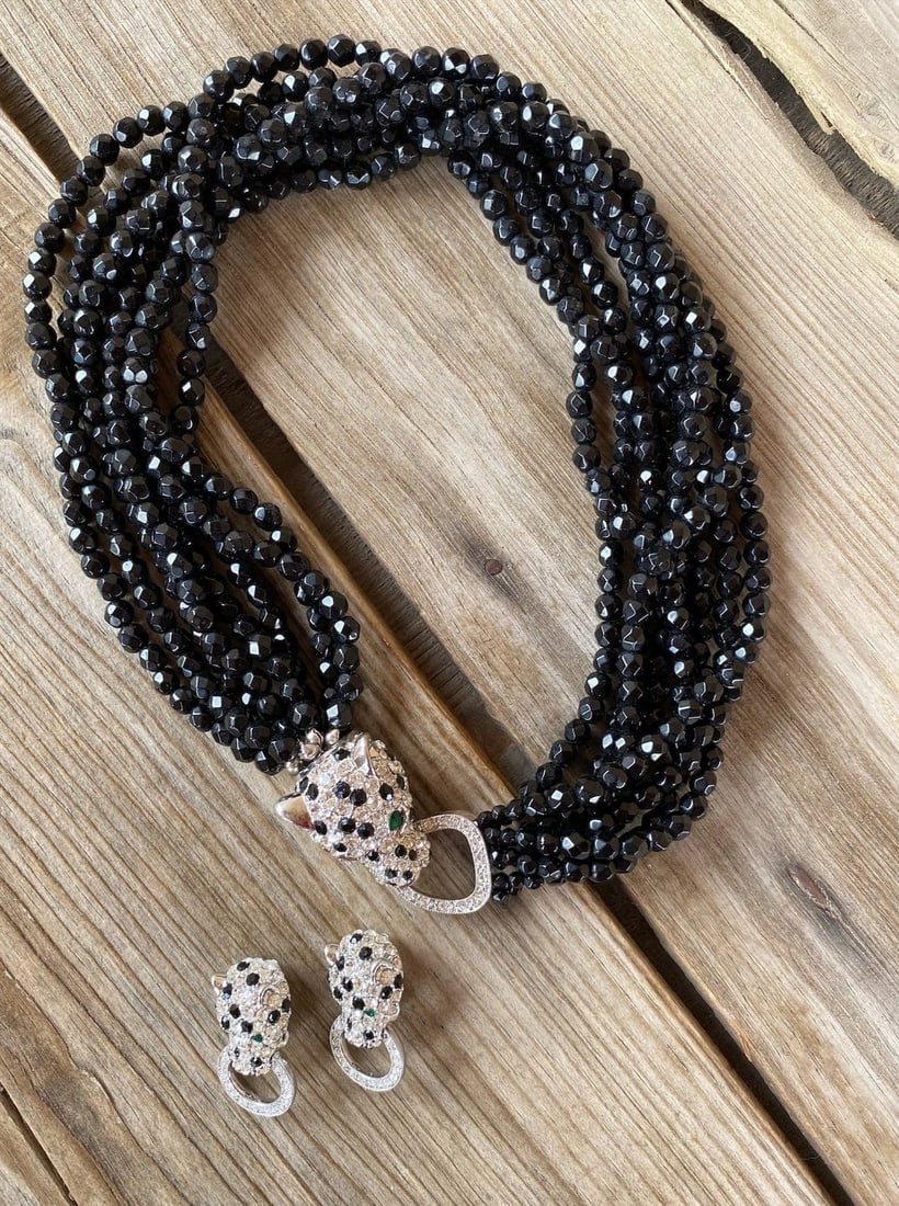 Vintage KJL Nina Ricci Rhinestone Leopard Necklace & Earrings Set - 2