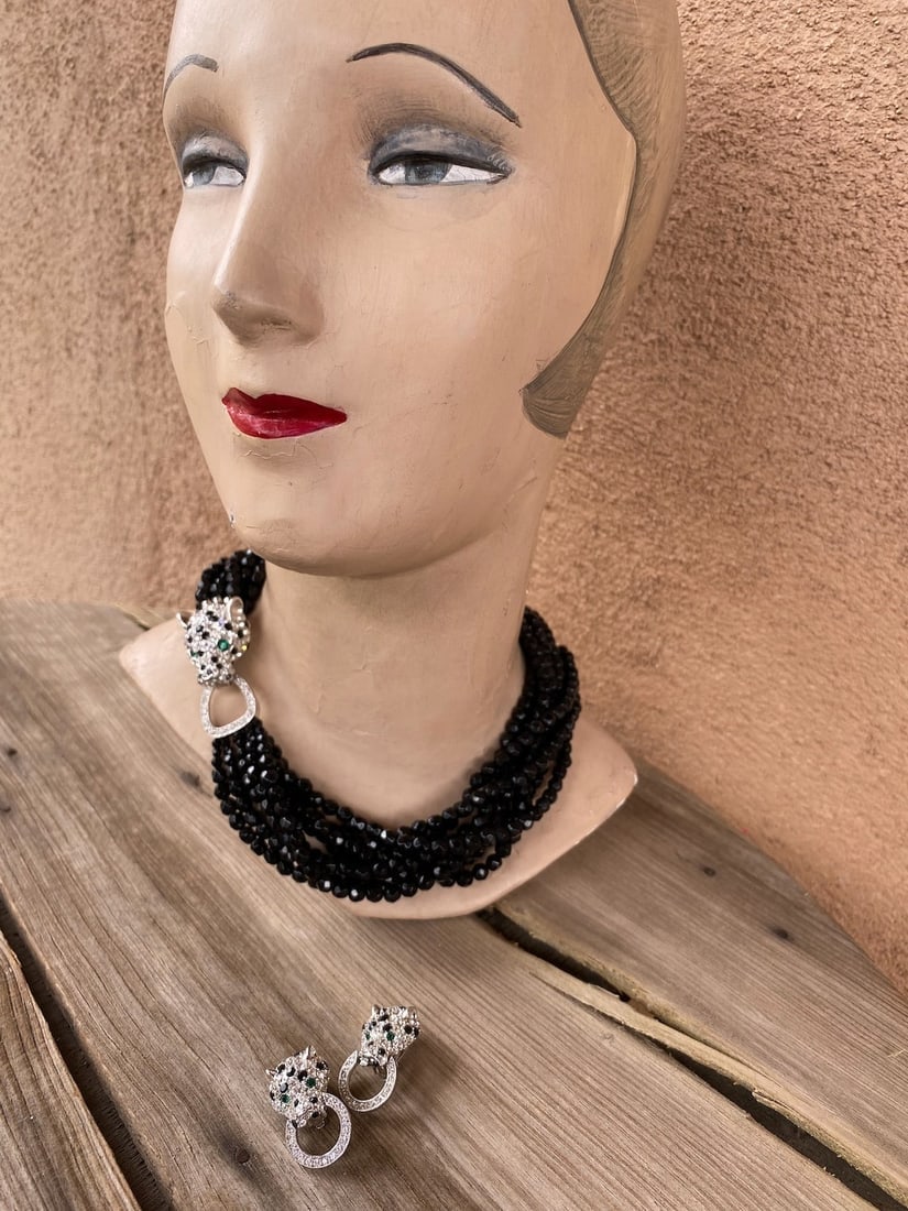 Vintage KJL Nina Ricci Rhinestone Leopard Necklace & Earrings Set - 3