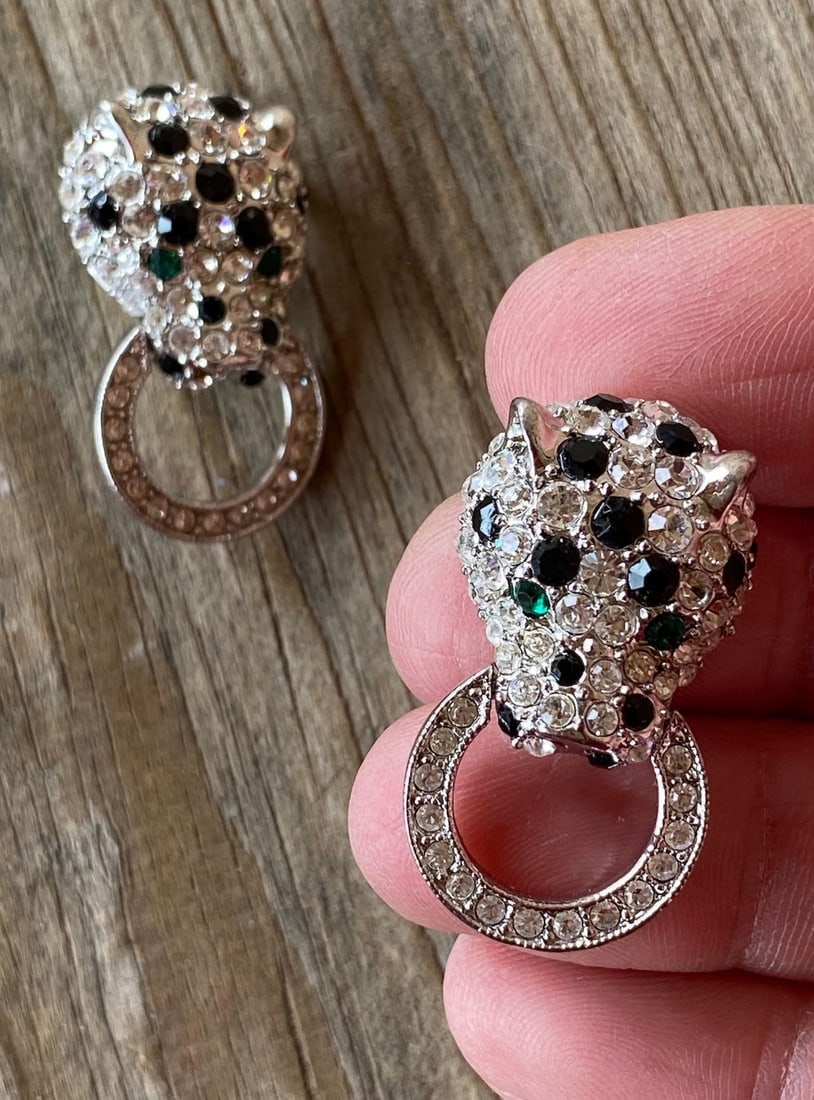 Vintage KJL Nina Ricci Rhinestone Leopard Necklace & Earrings Set - 8