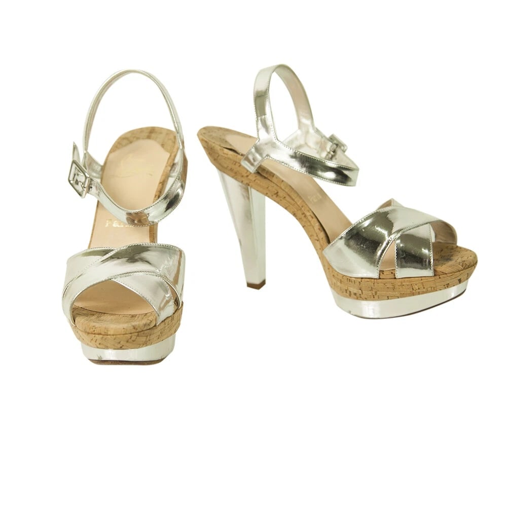 Christian Louboutin La Falaise Silver Leather and Cork Platform Heels Sandals 40 (1 of 8)