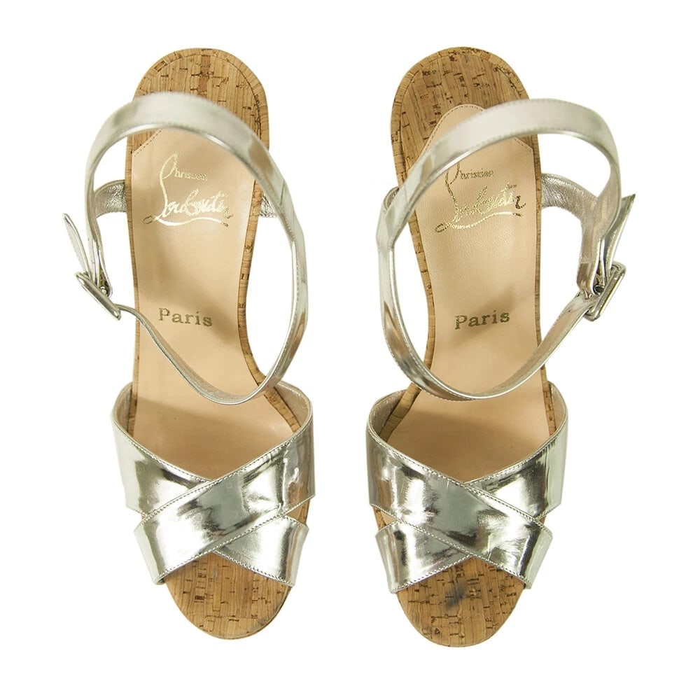 Christian Louboutin La Falaise Silver Leather and Cork Platform Heels Sandals 40 - 2