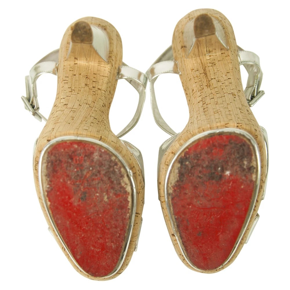 Christian Louboutin La Falaise Silver Leather and Cork Platform Heels Sandals 40 - 3