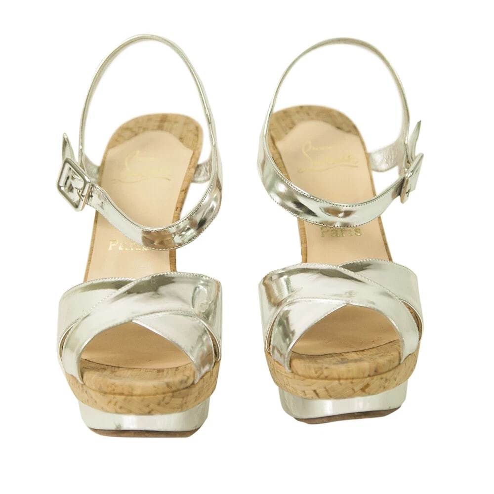 Christian Louboutin La Falaise Silver Leather and Cork Platform Heels Sandals 40 - 6