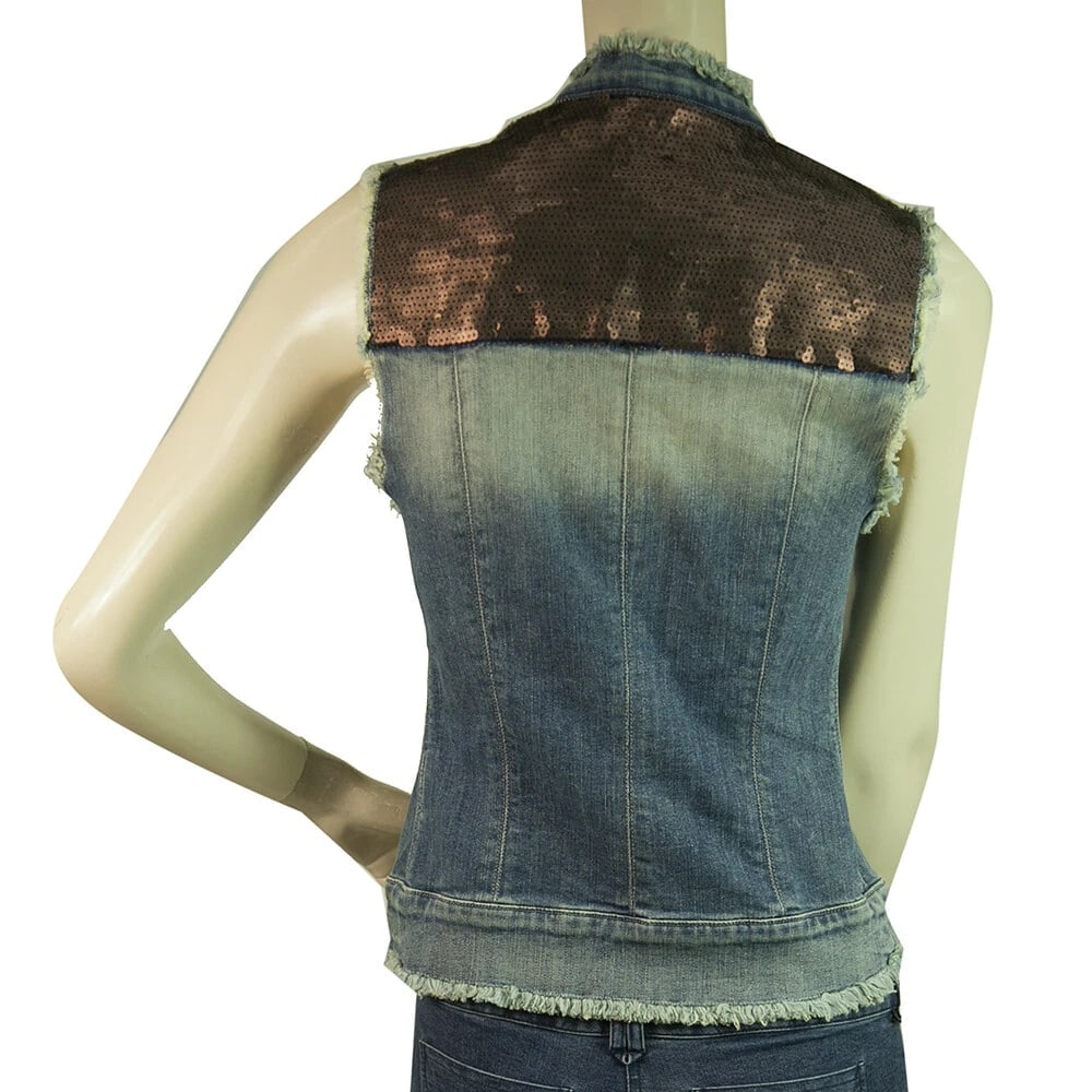 Manila Grace Blue Denim Jeans Sequined shoulders Vest Jacket Gillet sz 40 - 2