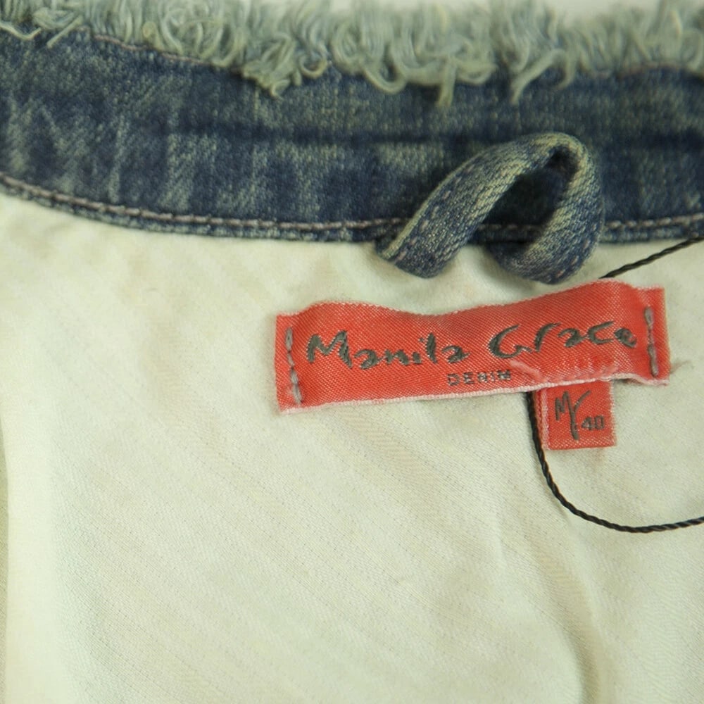 Manila Grace Blue Denim Jeans Sequined shoulders Vest Jacket Gillet sz 40 - 3