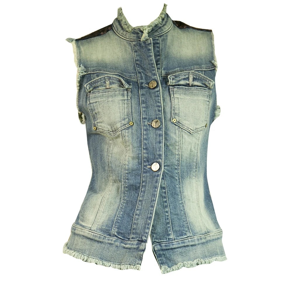 Manila Grace Blue Denim Jeans Sequined shoulders Vest Jacket Gillet sz 40 - 7