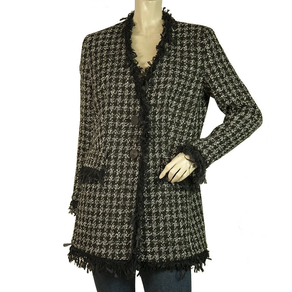 Twenty 29 Black & White Tweed Dark Blue Fringes Button Front Jacket size S (1 of 6)