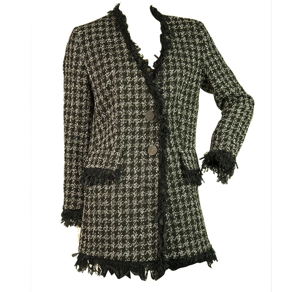 Twenty 29 Black & White Tweed Dark Blue Fringes Button Front Jacket size S - 6