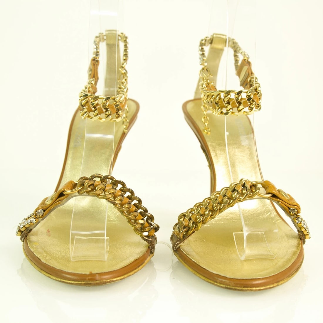 Roberto Cavalli gold & tan leather chain sandals slides ankle strap sz 37 - 2