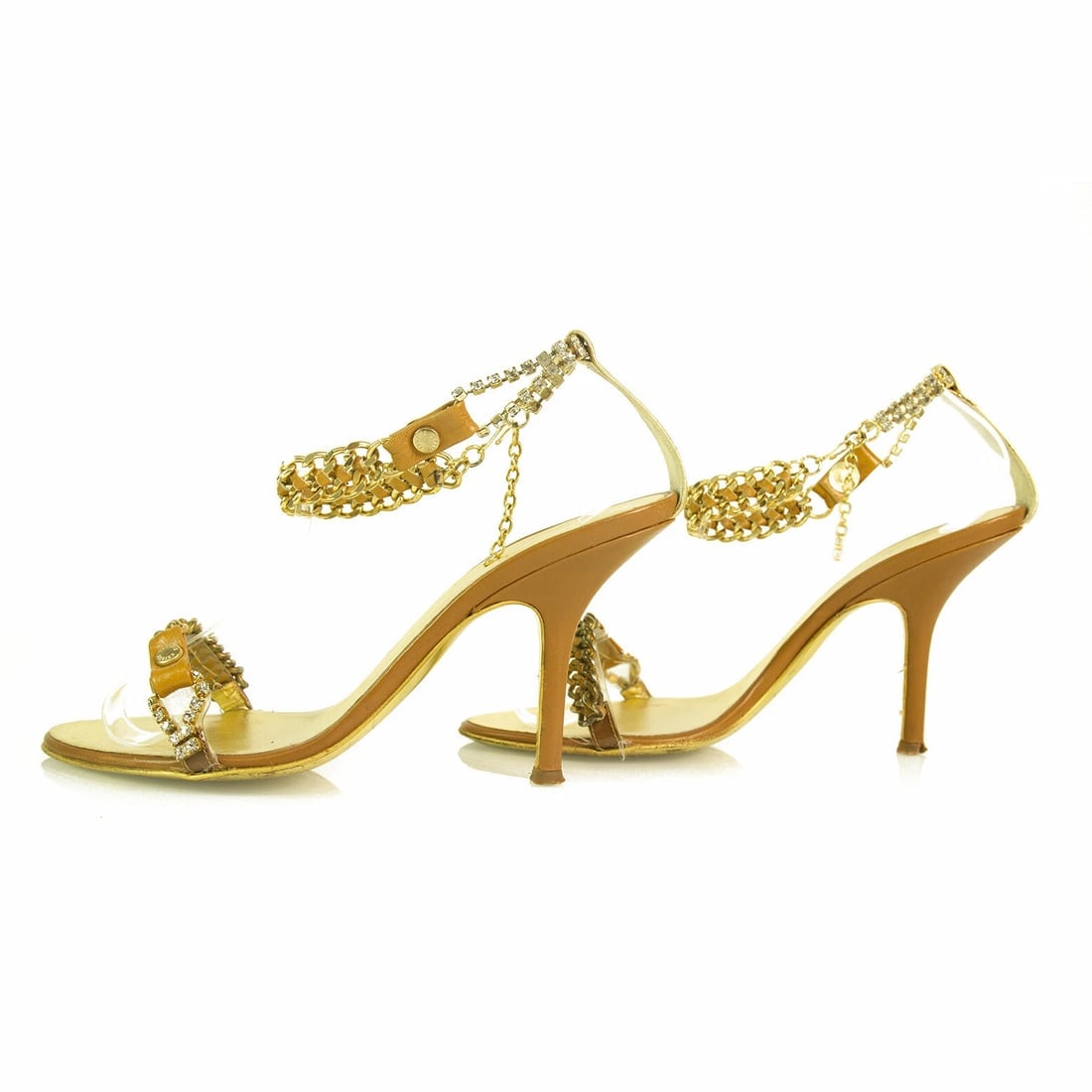 Roberto Cavalli gold & tan leather chain sandals slides ankle strap sz 37 - 4