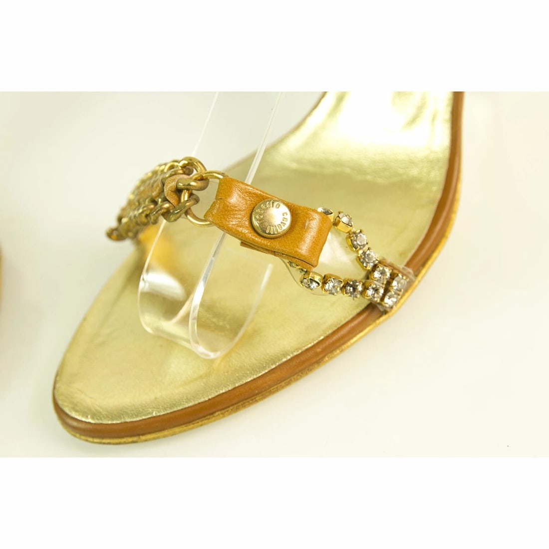 Roberto Cavalli gold & tan leather chain sandals slides ankle strap sz 37 - 6
