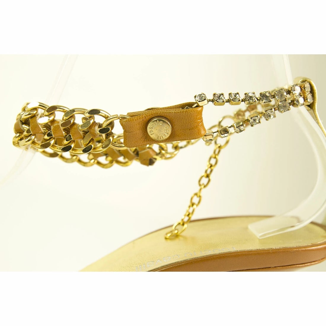 Roberto Cavalli gold & tan leather chain sandals slides ankle strap sz 37 - 7