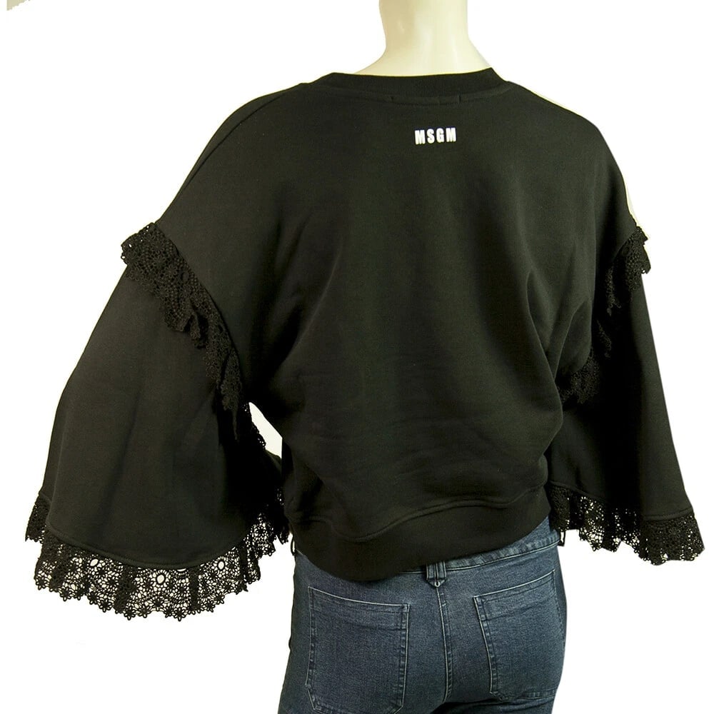 MSGM Black Long Wide Sleeves w. Lace Cotton Crop Top Sweater size S - 2