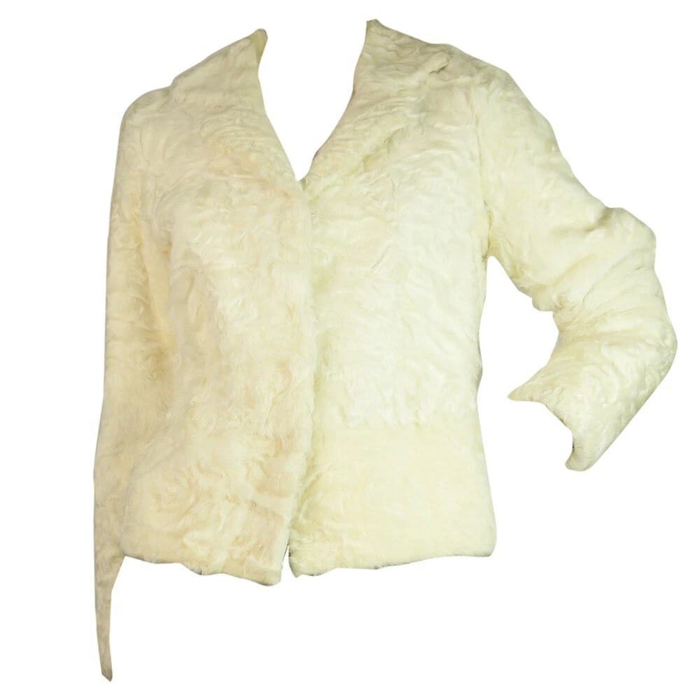Thes & Thes White Fur Long Sleeve Short Jacket Coat size 46 - 6