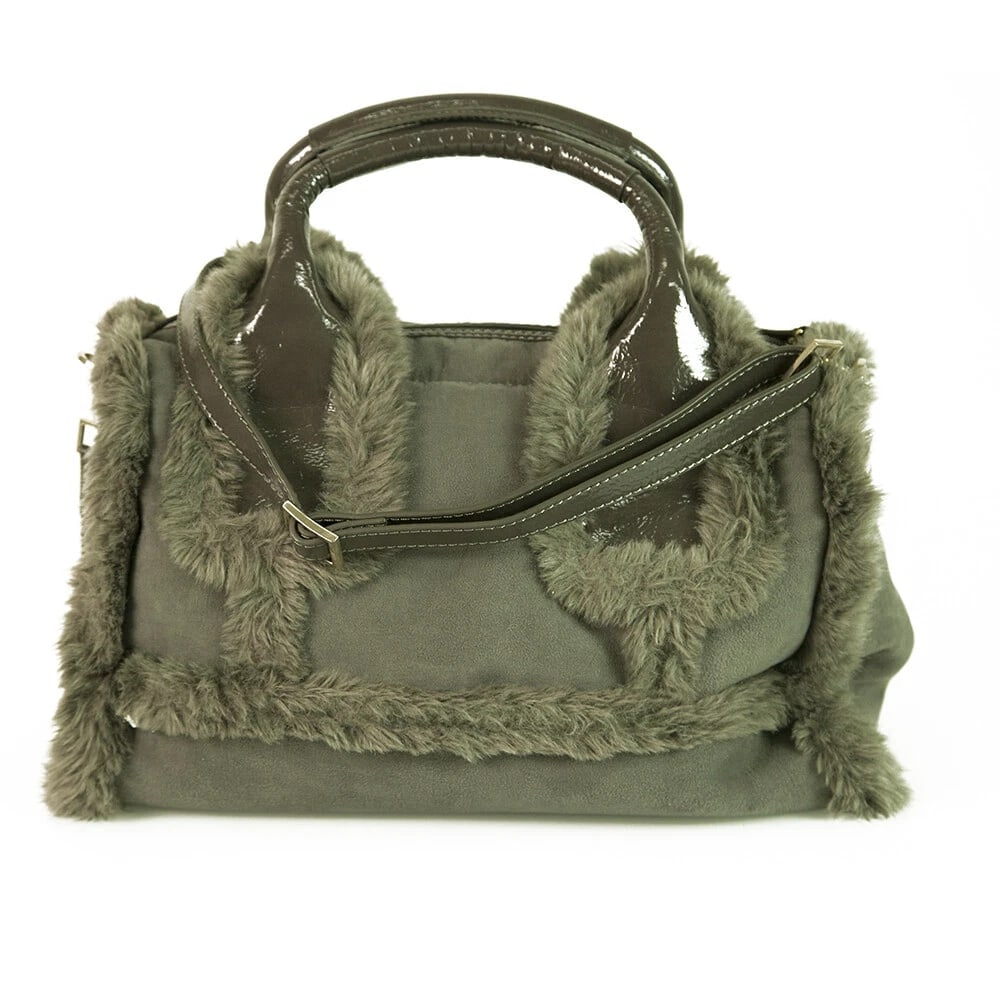 Ferre Milano Gray Faux Shearling Fur & Patent Leather Satchel Handbag - 2