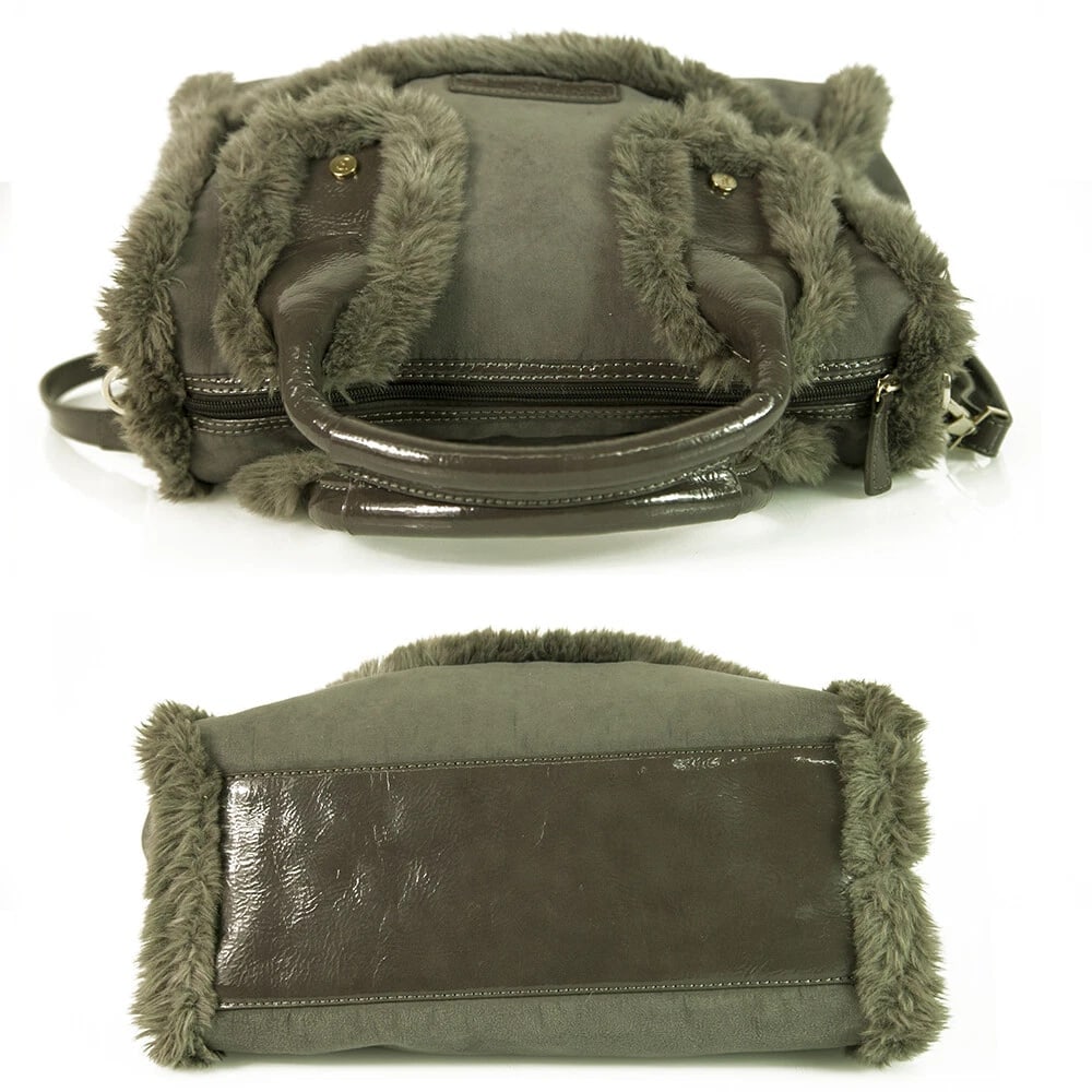 Ferre Milano Gray Faux Shearling Fur & Patent Leather Satchel Handbag - 3