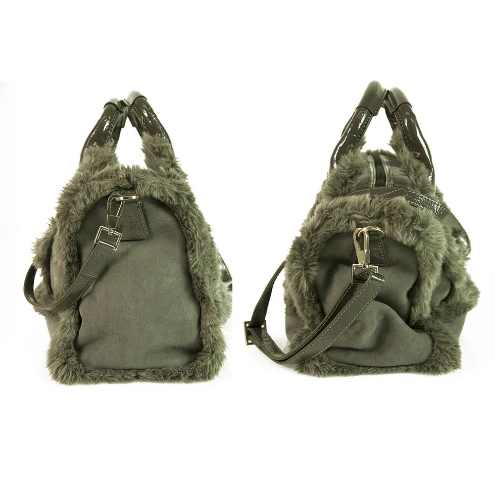 Ferre Milano Gray Faux Shearling Fur & Patent Leather Satchel Handbag - 5