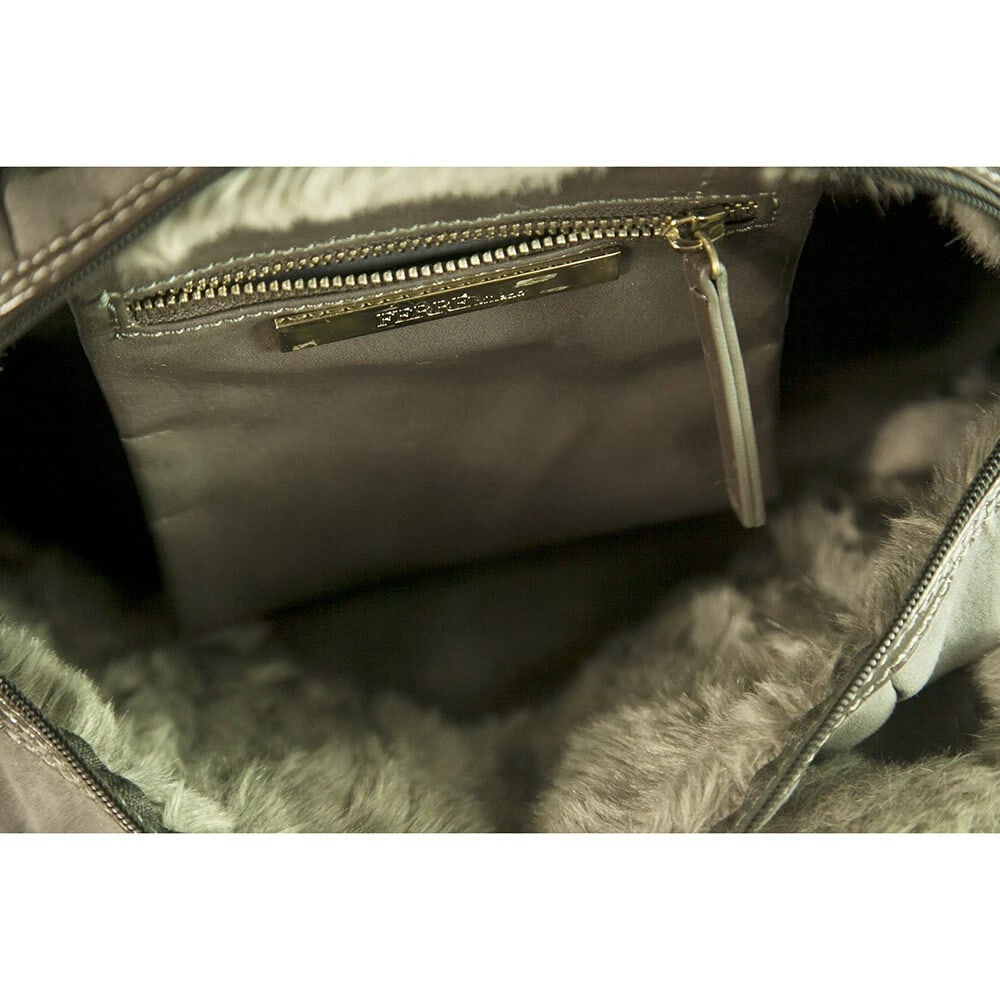 Ferre Milano Gray Faux Shearling Fur & Patent Leather Satchel Handbag - 6